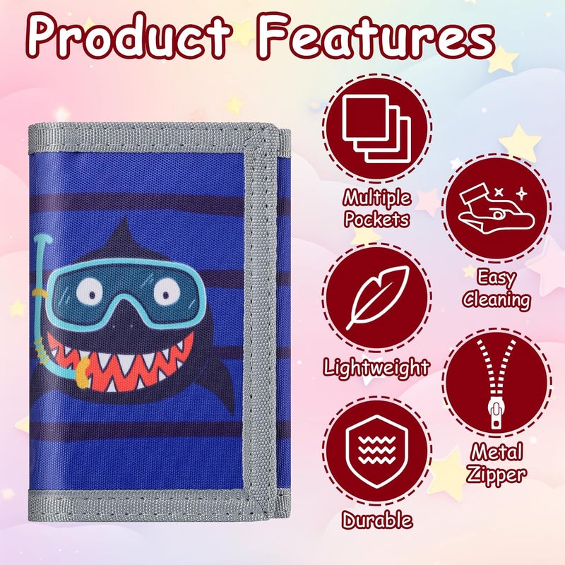 Sundee RFID Blocking Wallet,3 Packs Kids Wallet Bulk,Mini Trifold Coin Purse Cartoon Wallet,Front Pocket Wallet with Zipper for Kids,Canvas Outdoor Sports Wallets with Magic Sticker - Blue Shark - Image 5